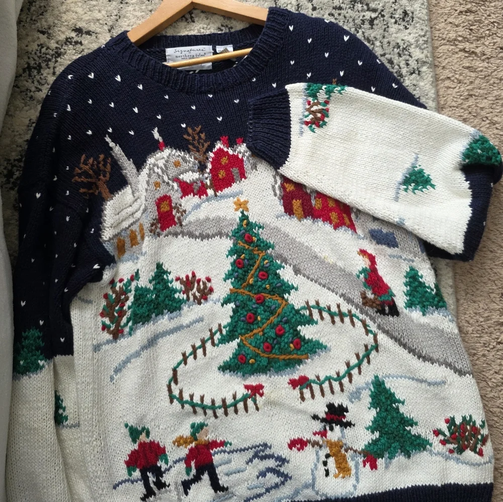 Vintage 90s Northern Isles Hand Knit Christmas Sweater Womens XL Ramie Cotton - Picture 7 of 14